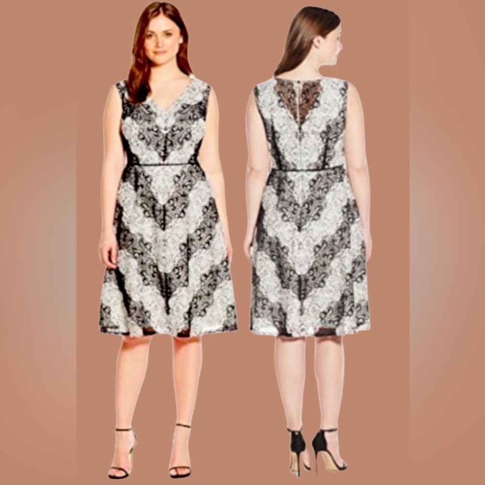 ADRIANA PAPELL  size 8 women’s black and white fit and flare lace v neck dress